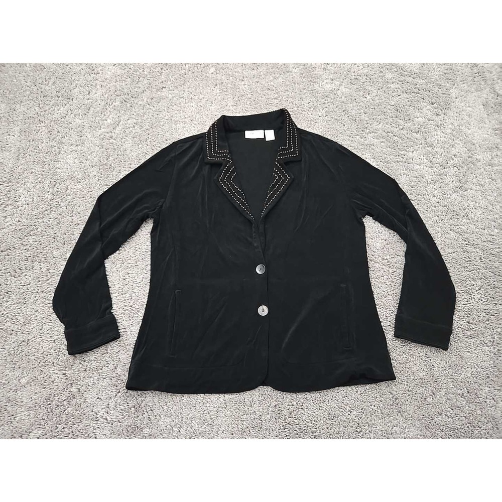 Chico's Travelers Blazer Jacket Womens 2 Black Velvet 2 Button Pockets Stretch‎